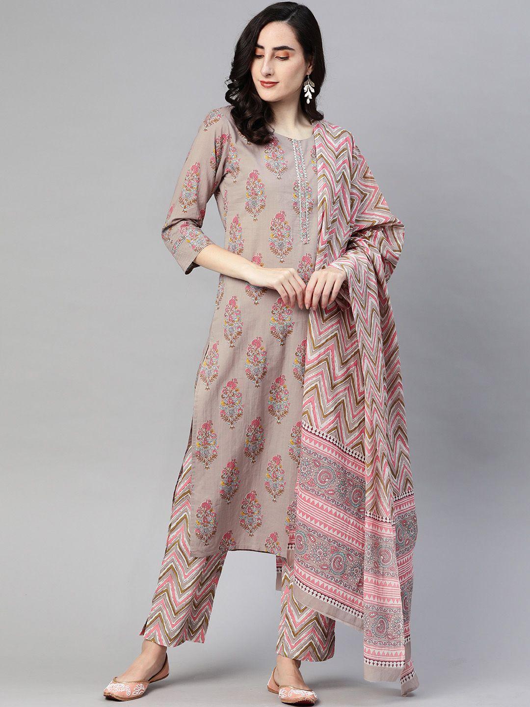 ahika women taupe & pink ethnic motifs printed kurta with trousers & dupatta