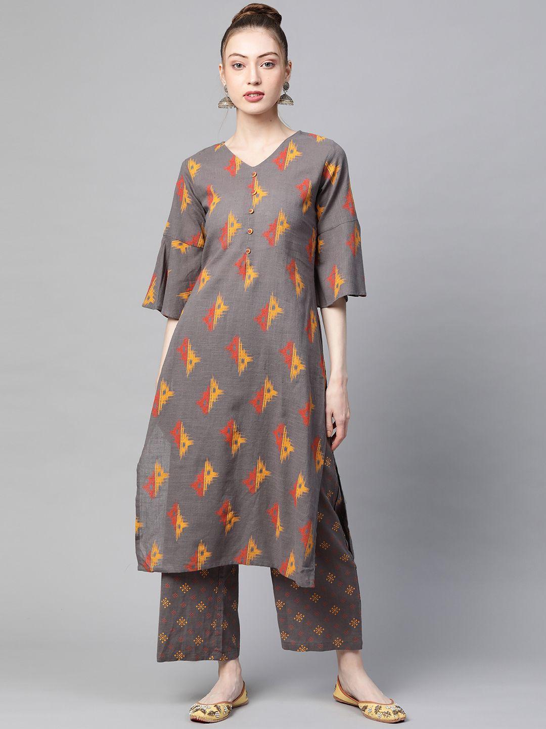 ahika women taupe & yellow ethnic motifs printed pure cotton kurta with trousers