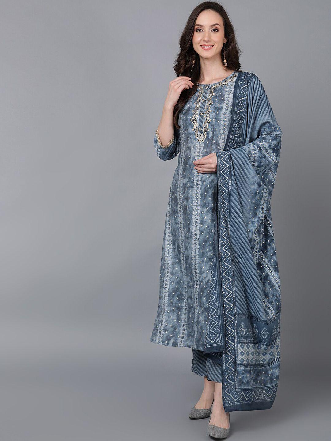 ahika women taupe ethnic motifs dyed thread work kurta with trousers & with dupatta