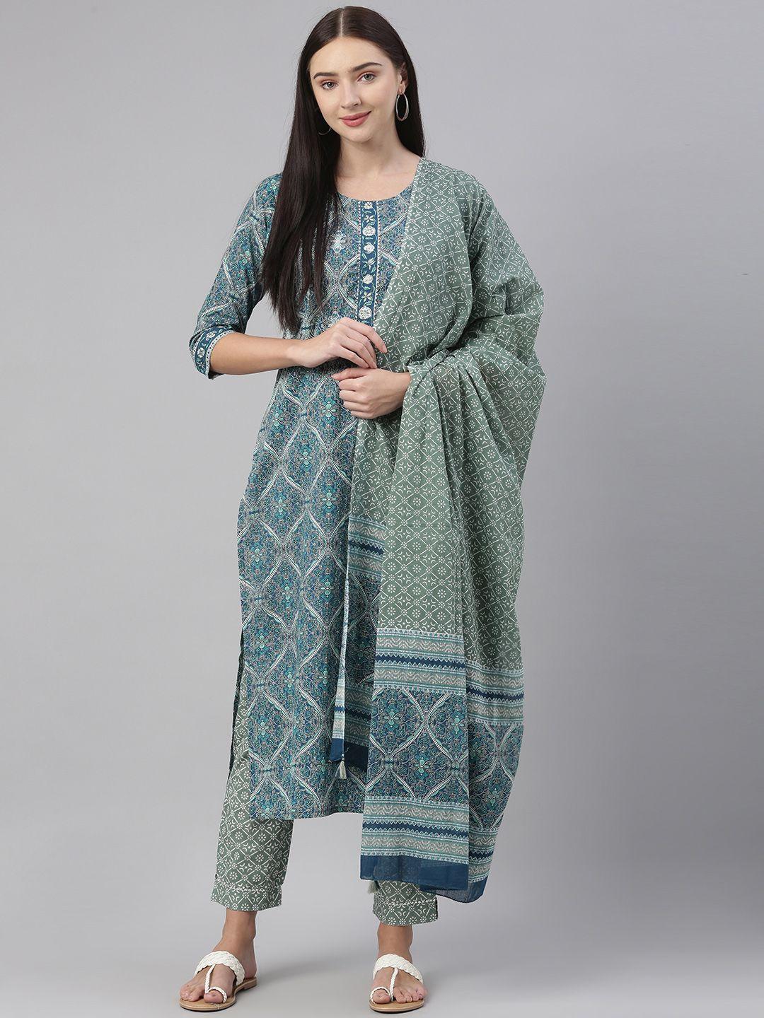 ahika women teal blue ethnic motifs printed pure cotton kurta with trousers & with dupatta