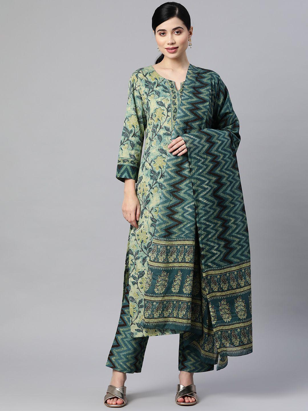 ahika women teal green & beige printed pure cotton kurta with trousers & dupatta