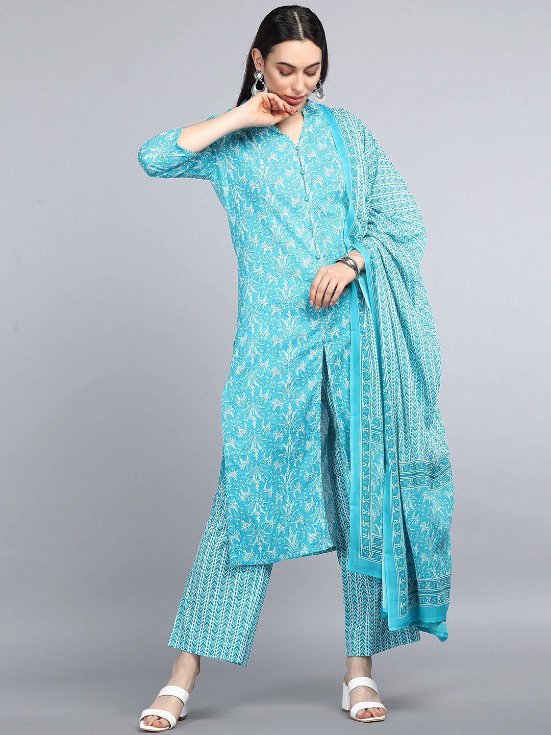 ahika women turquoise blue ethnic motifs printed pure cotton kurta with trousers & dupatta