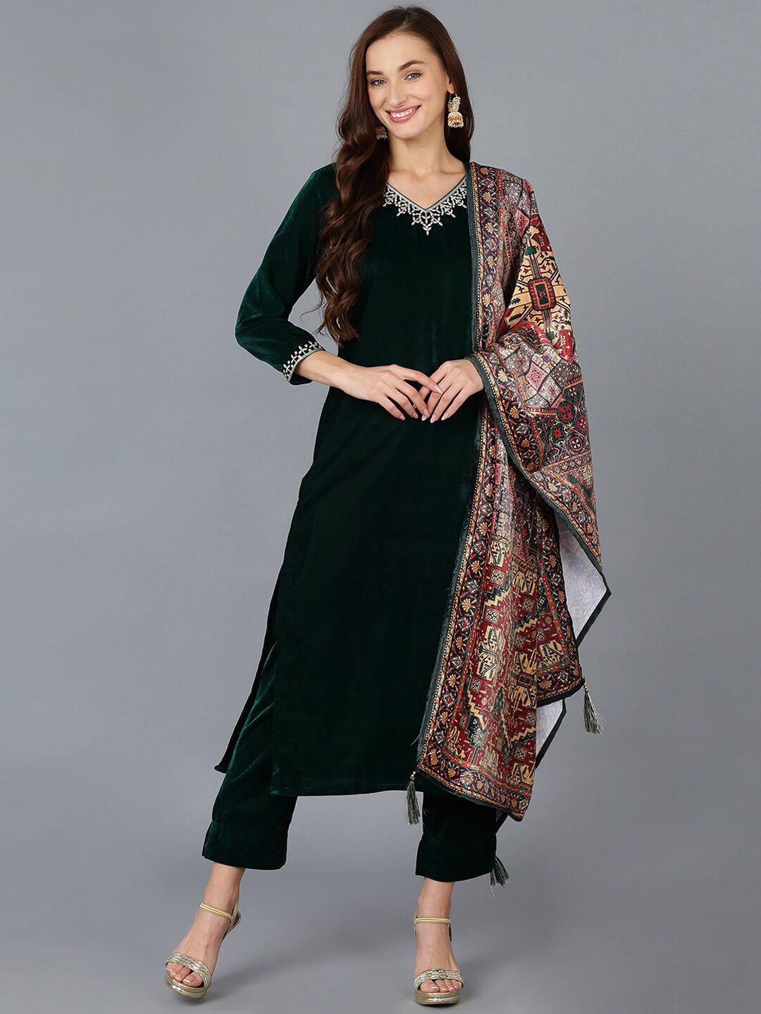 ahika women velvet kurta with trousers & with dupatta