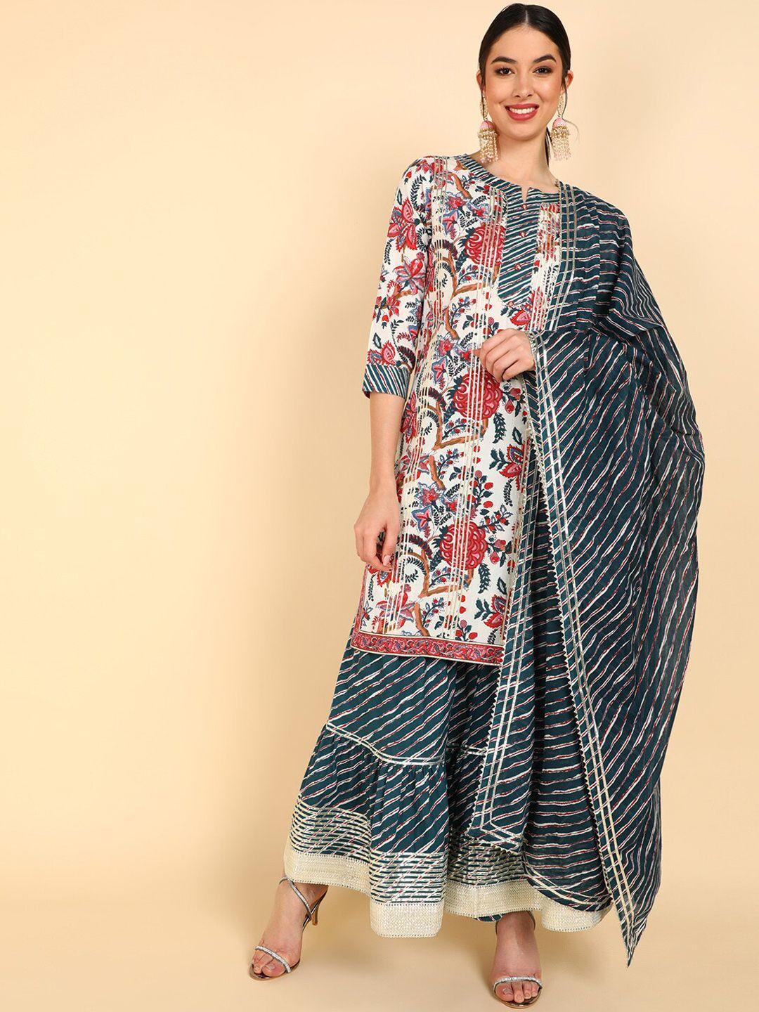 ahika women white & blue floral printed pure cotton kurta with sharara & with dupatta