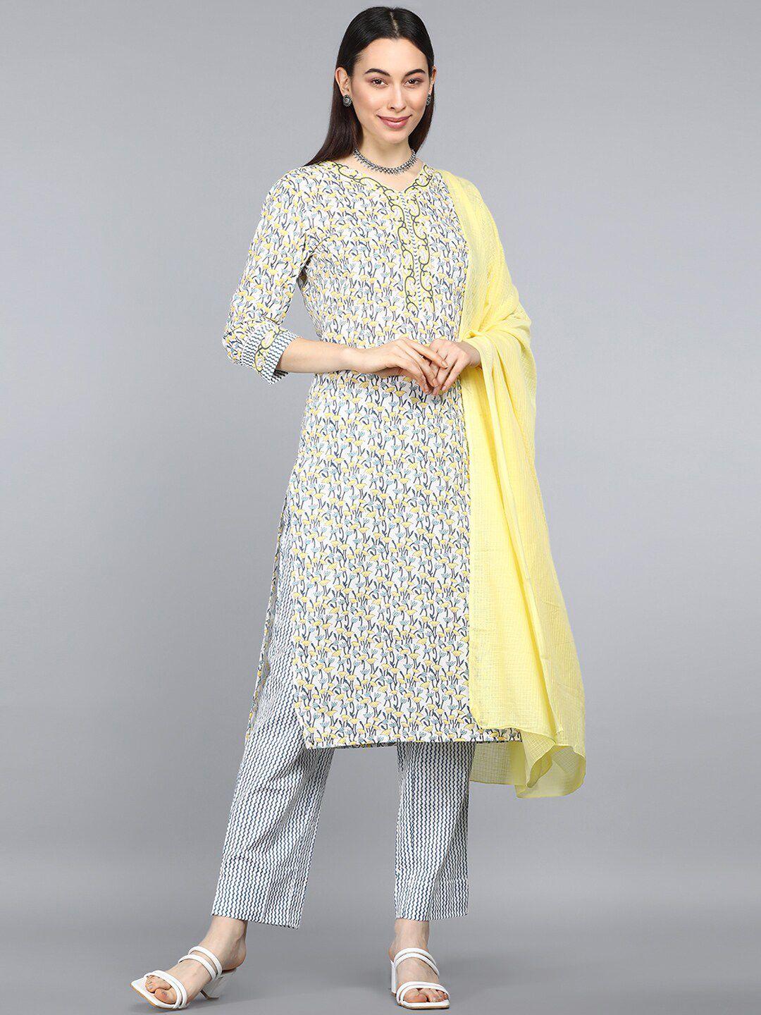 ahika women white & blue floral printed pure cotton kurta with trousers & dupatta