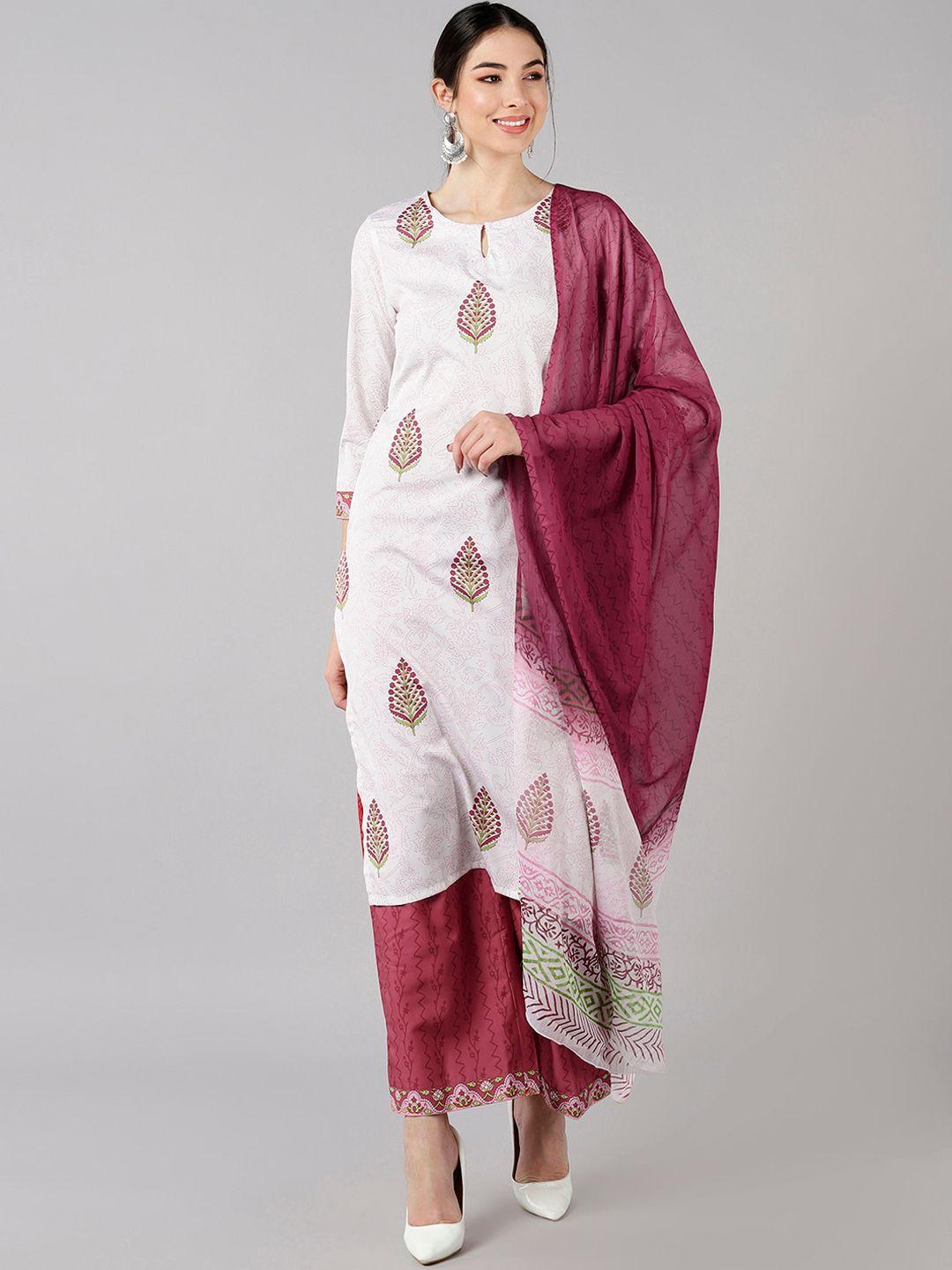 ahika women white & maroon printed kurta with trousers & with dupatta