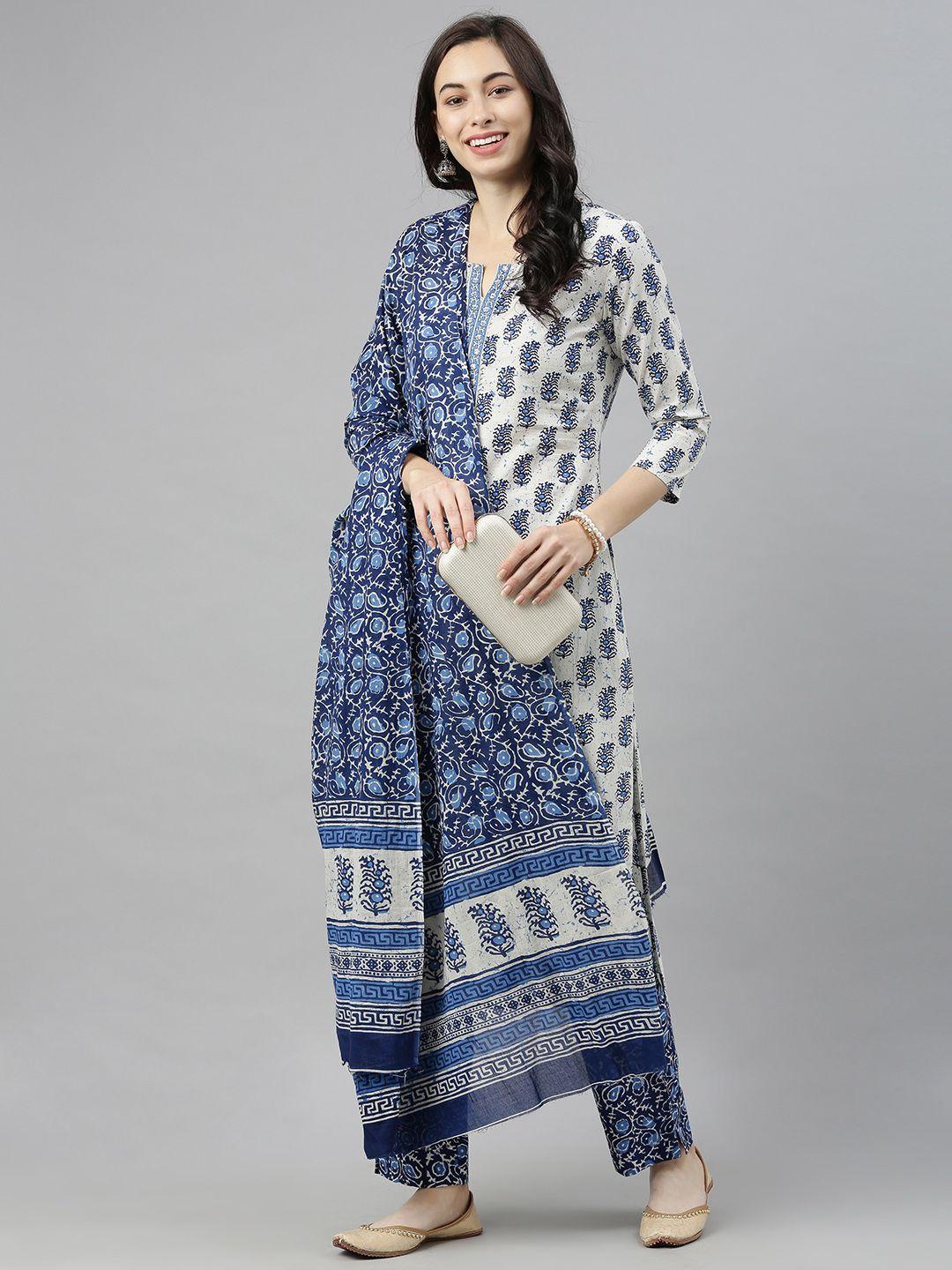 ahika women white & navy blue printed kurta with trousers & dupatta