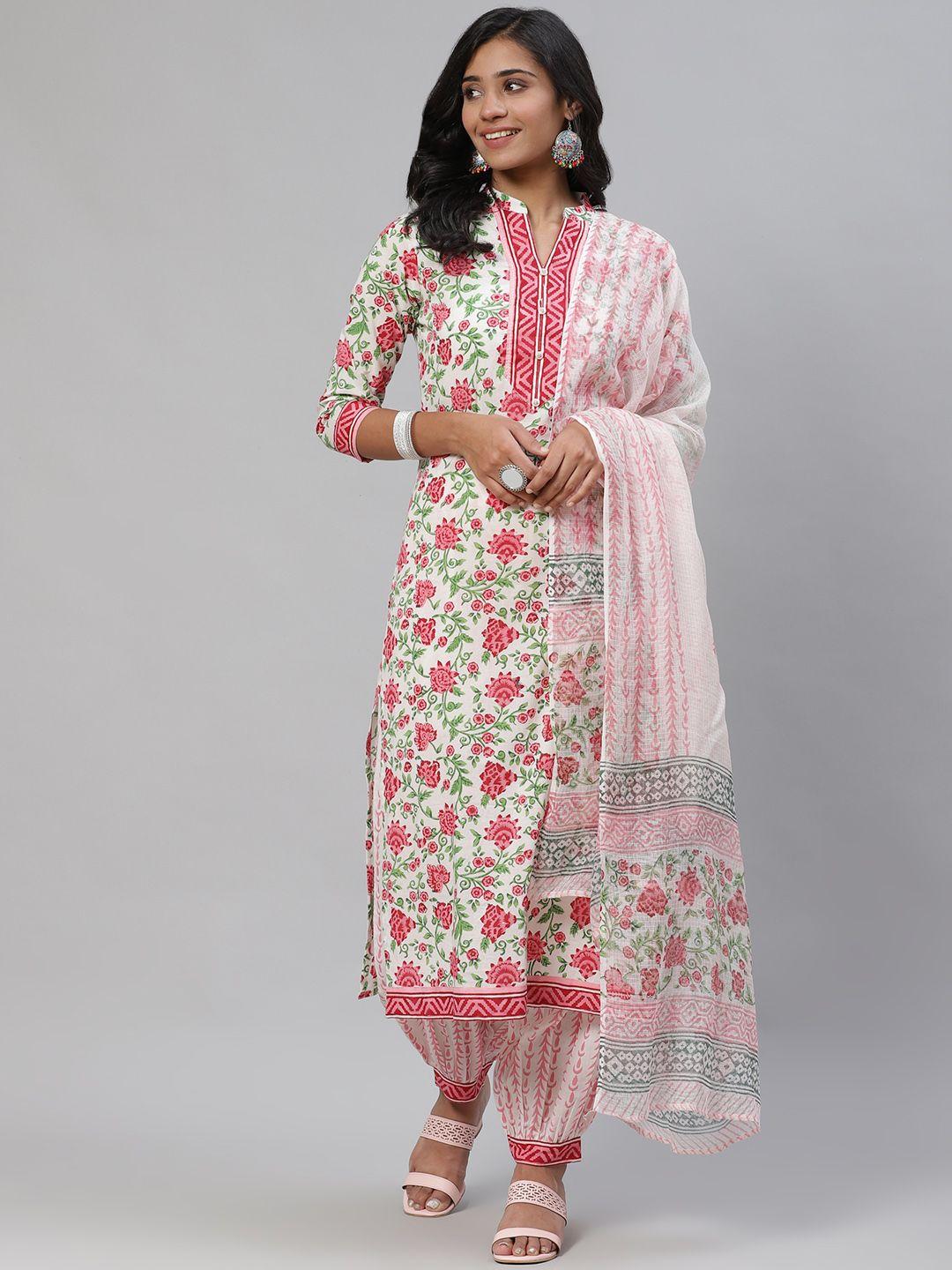 ahika women white & pink ethnic printed pure cotton kurta with salwar & with dupatta