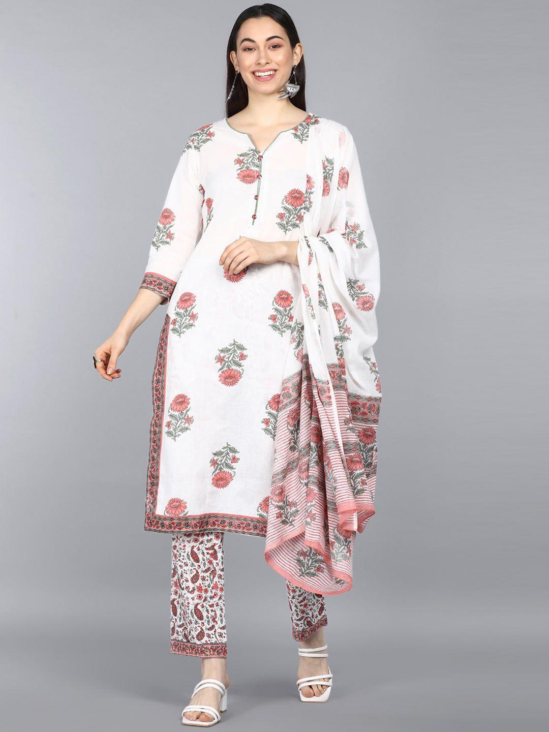 ahika women white & pink floral printed pure cotton kurta with trousers & dupatta