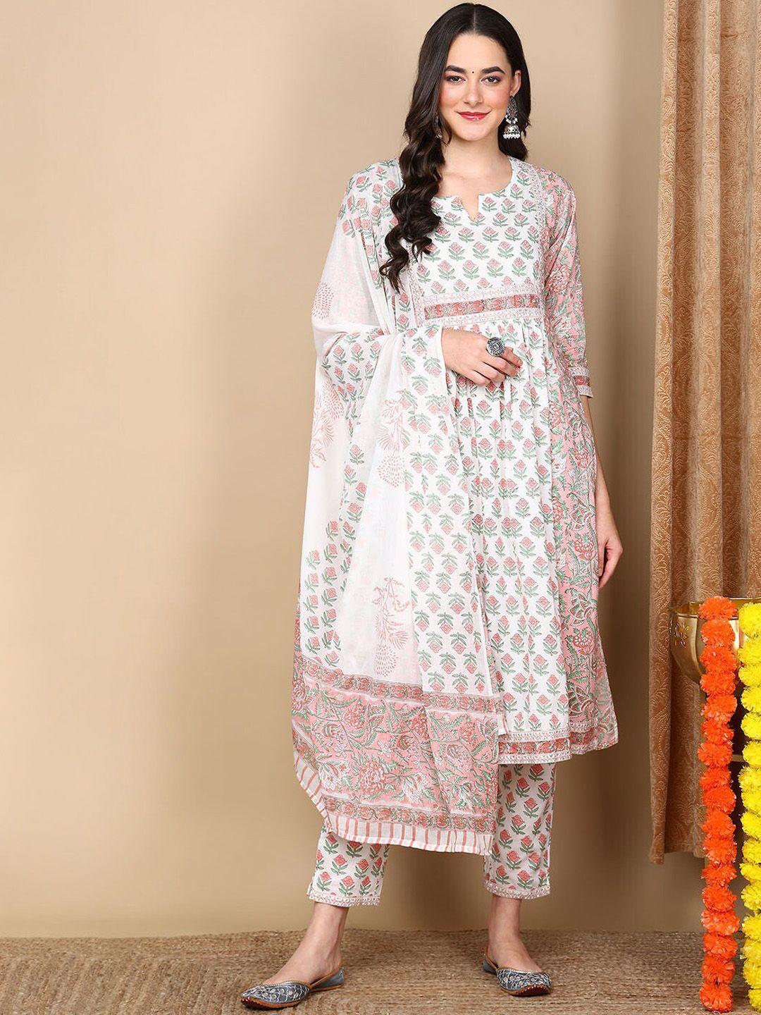 ahika women white ethnic motifs printed empire pure cotton kurta with trousers & with dupatta
