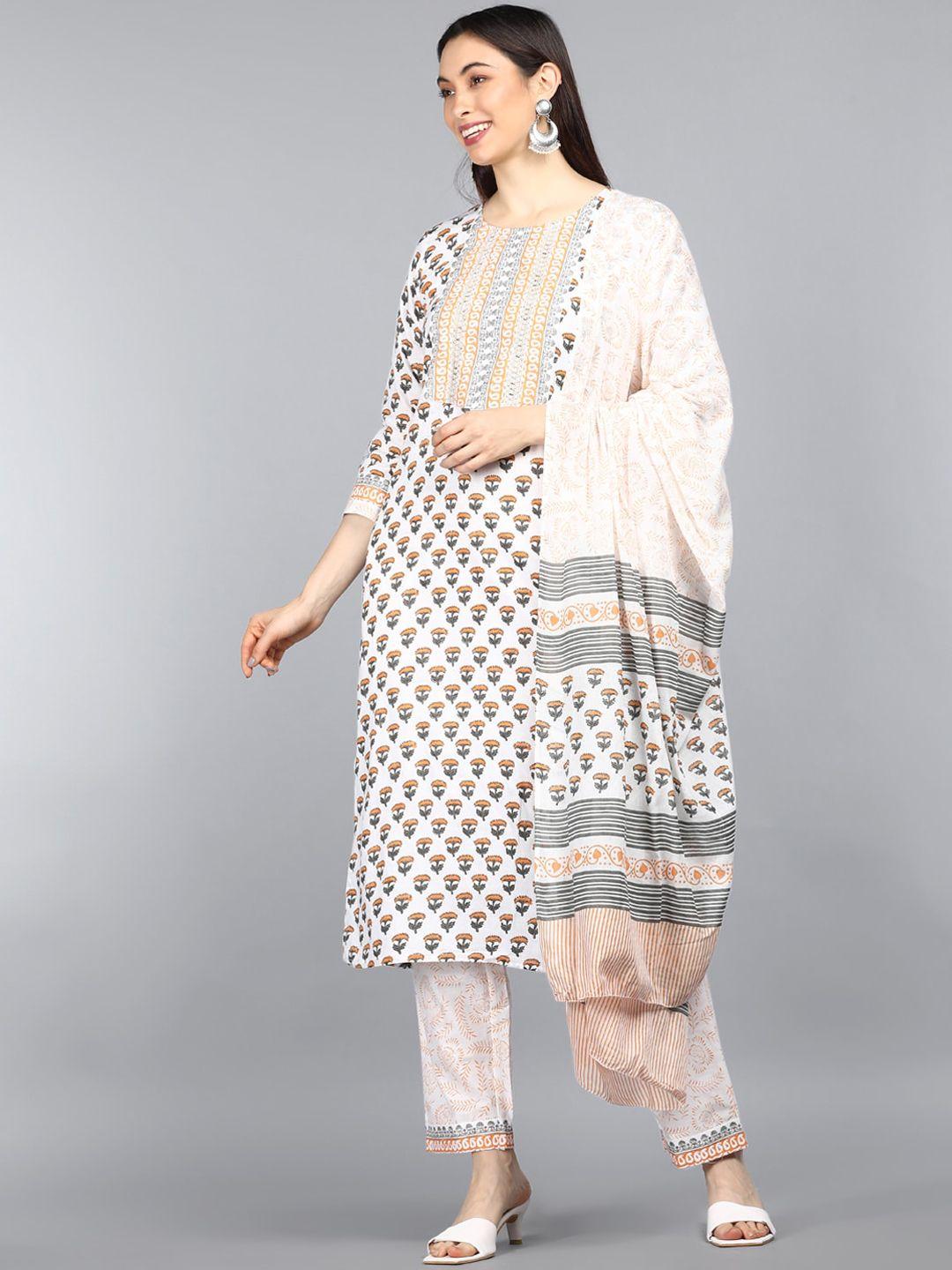 ahika women white ethnic motifs printed pure cotton kurta with trousers & with dupatta