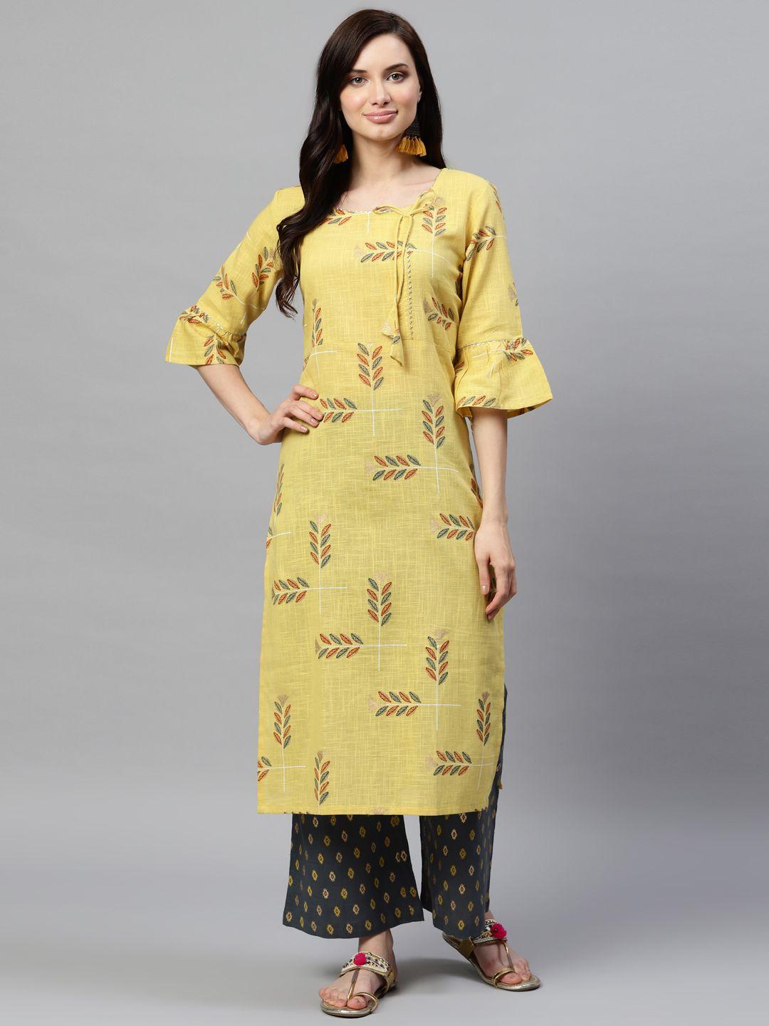 ahika women yellow & charcoal grey printed kurta with palazzos
