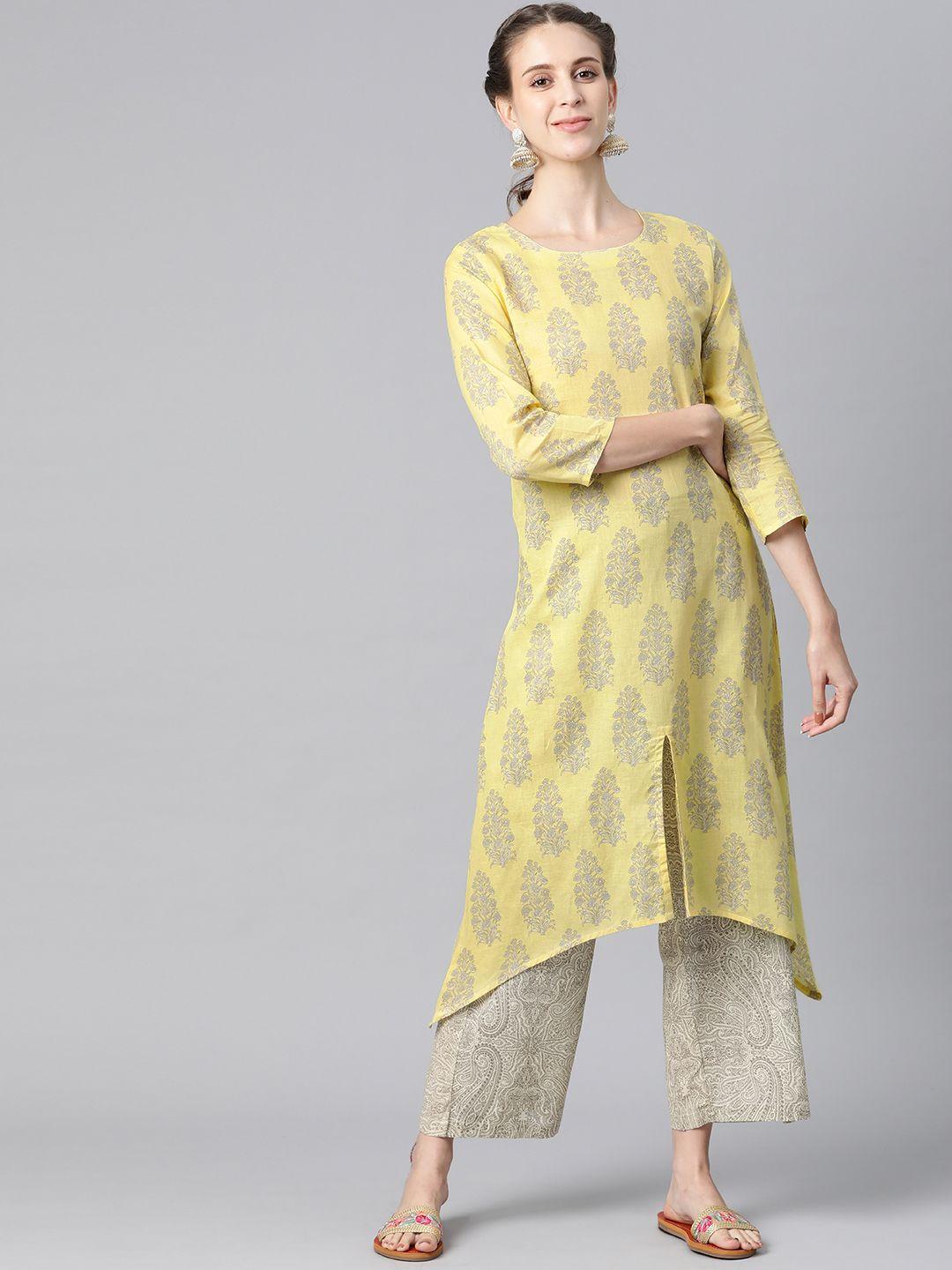 ahika women yellow & off-white ethnic motifs print pure cotton kurta with palazzos