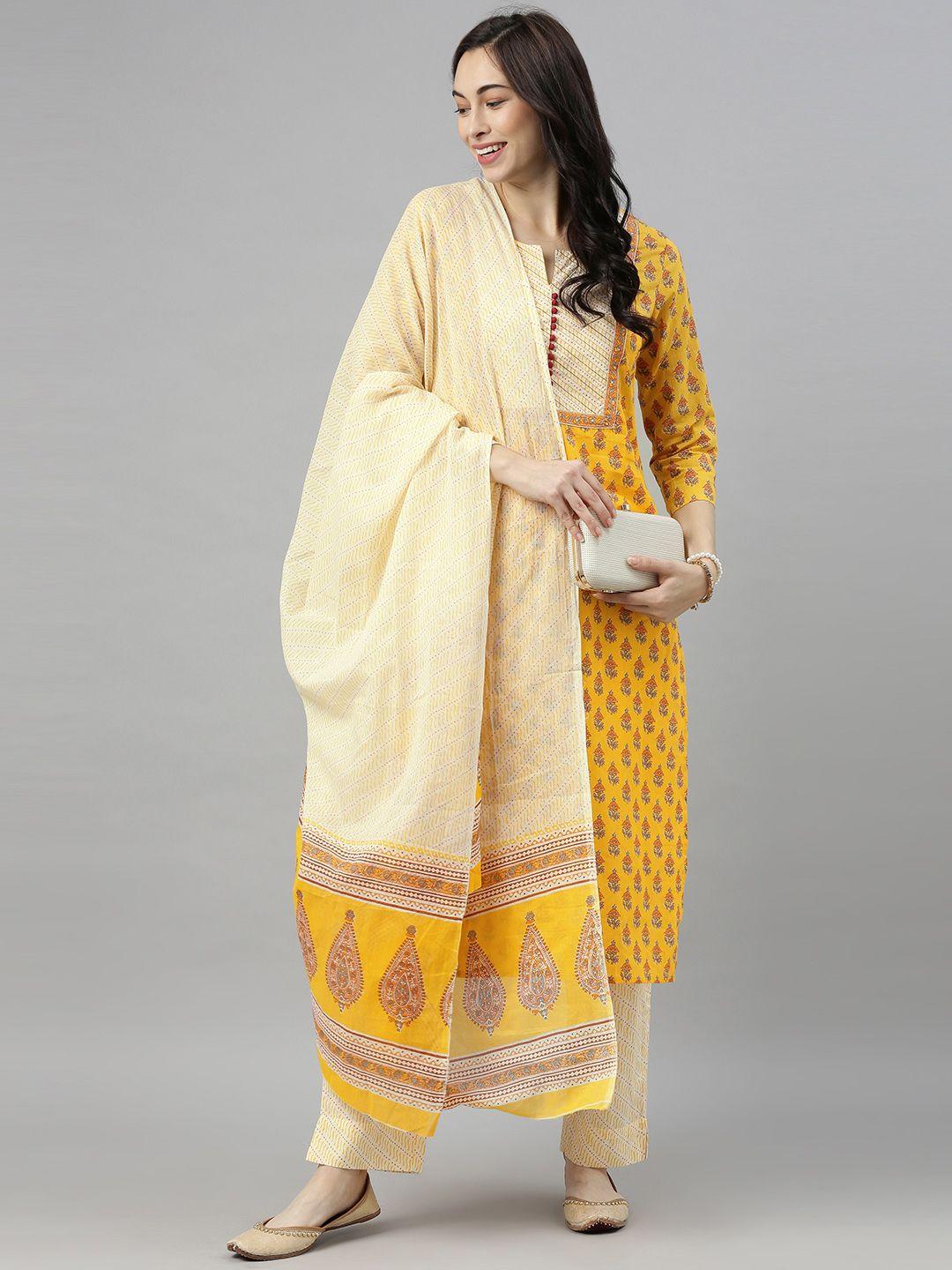 ahika women yellow & orange printed kurta with palazzos & dupatta