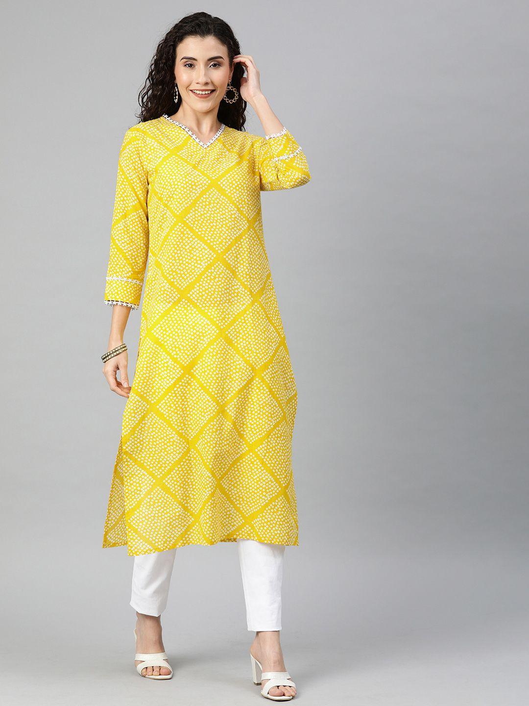 ahika women yellow & white bandhani printed straight kurta