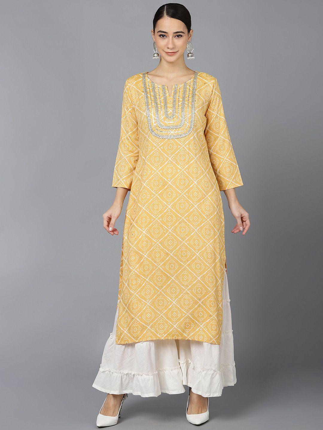 ahika women yellow & white ethnic motifs printed kurta