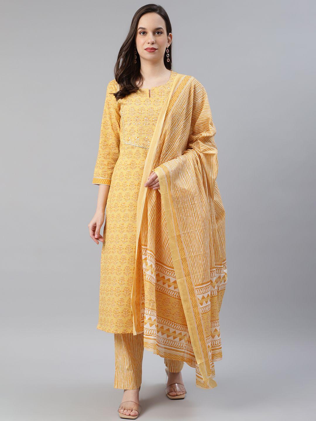 ahika women yellow & white printed pure cotton kurta with trousers & dupatta