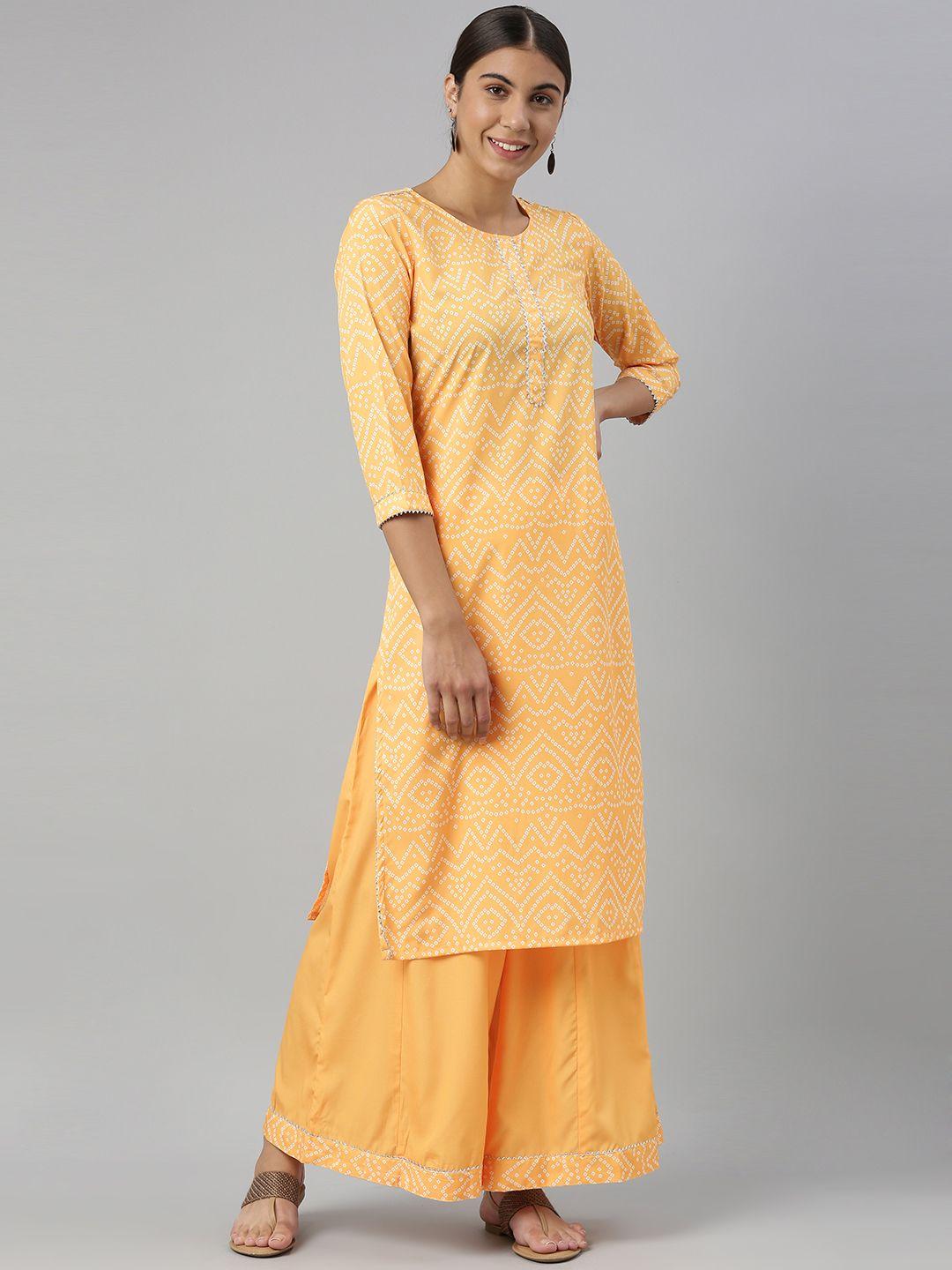 ahika women yellow bandhani printed kurta with palazzos