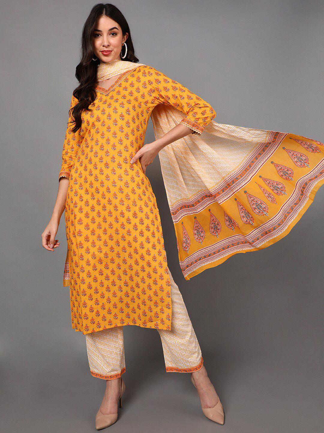 ahika women yellow ethnic motifs printed angrakha pure cotton kurta with trousers