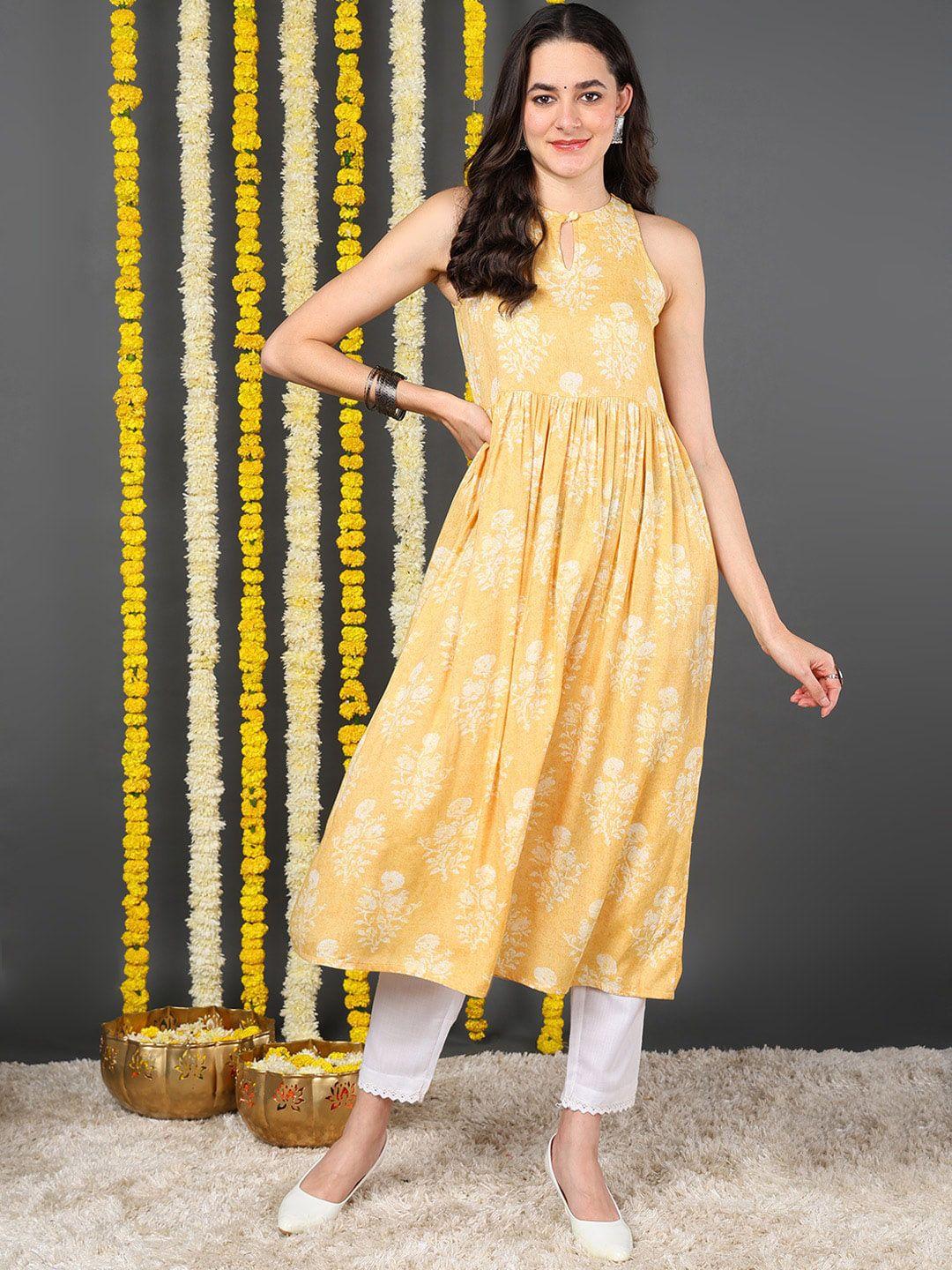 ahika women yellow ethnic motifs printed keyhole neck kurta