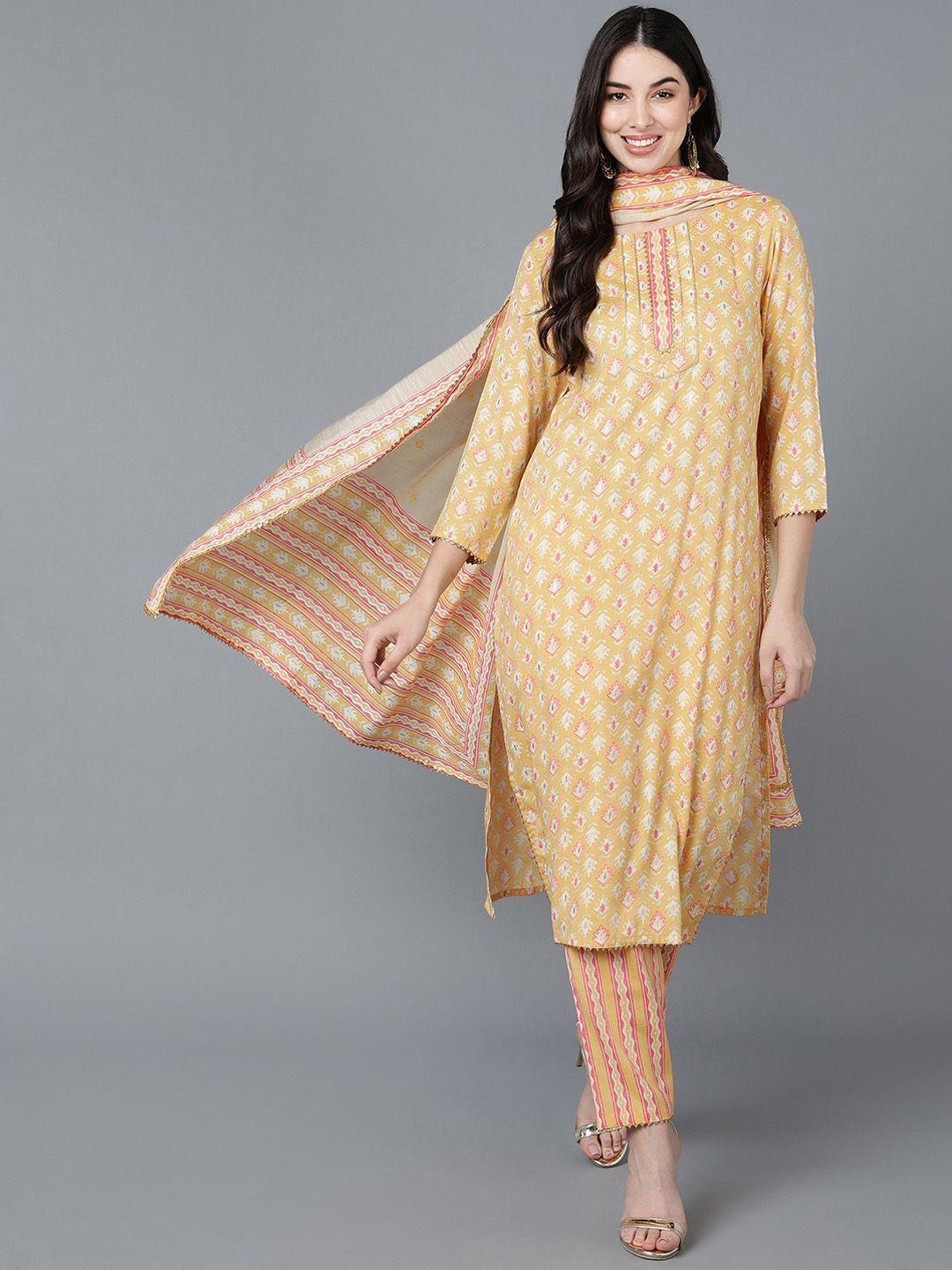 ahika women yellow ethnic motifs printed pure cotton kurta with trousers & with dupatta