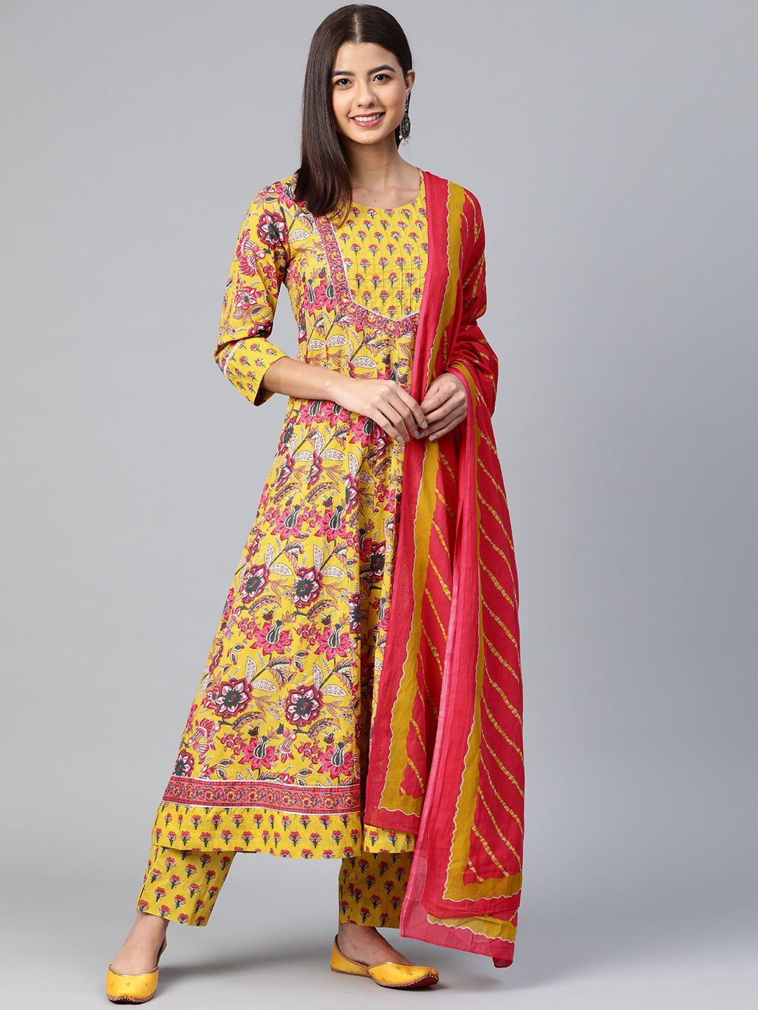ahika women yellow ethnic motifs printed regular pure cotton kurta with trousers & dupatta