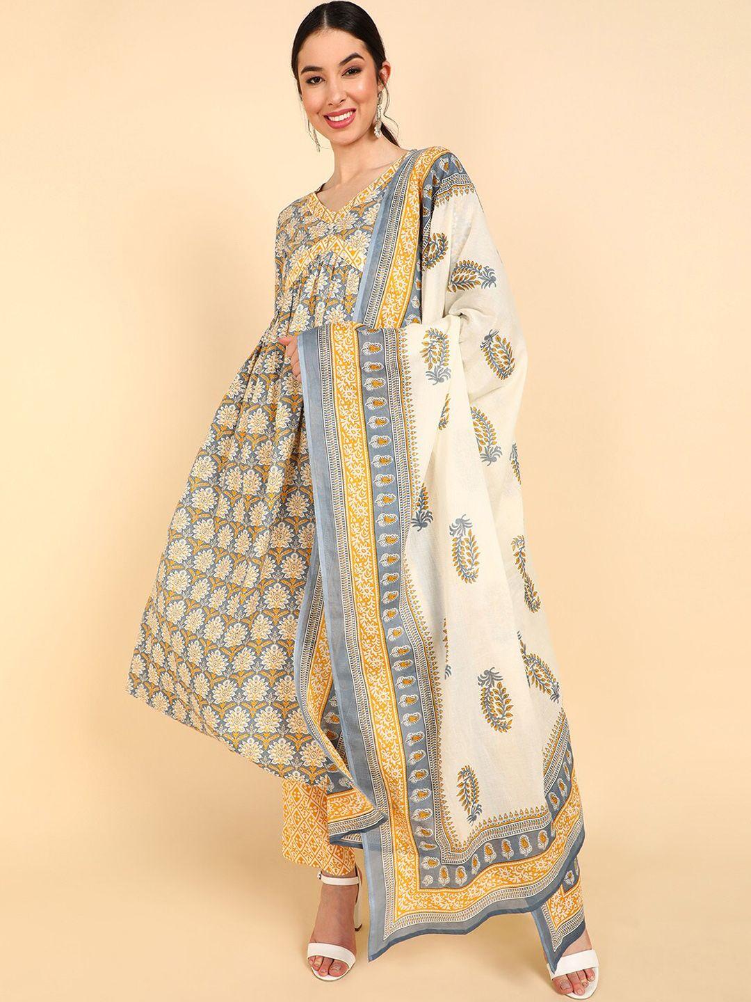 ahika women yellow floral printed empire pure cotton kurta with trousers & with dupatta