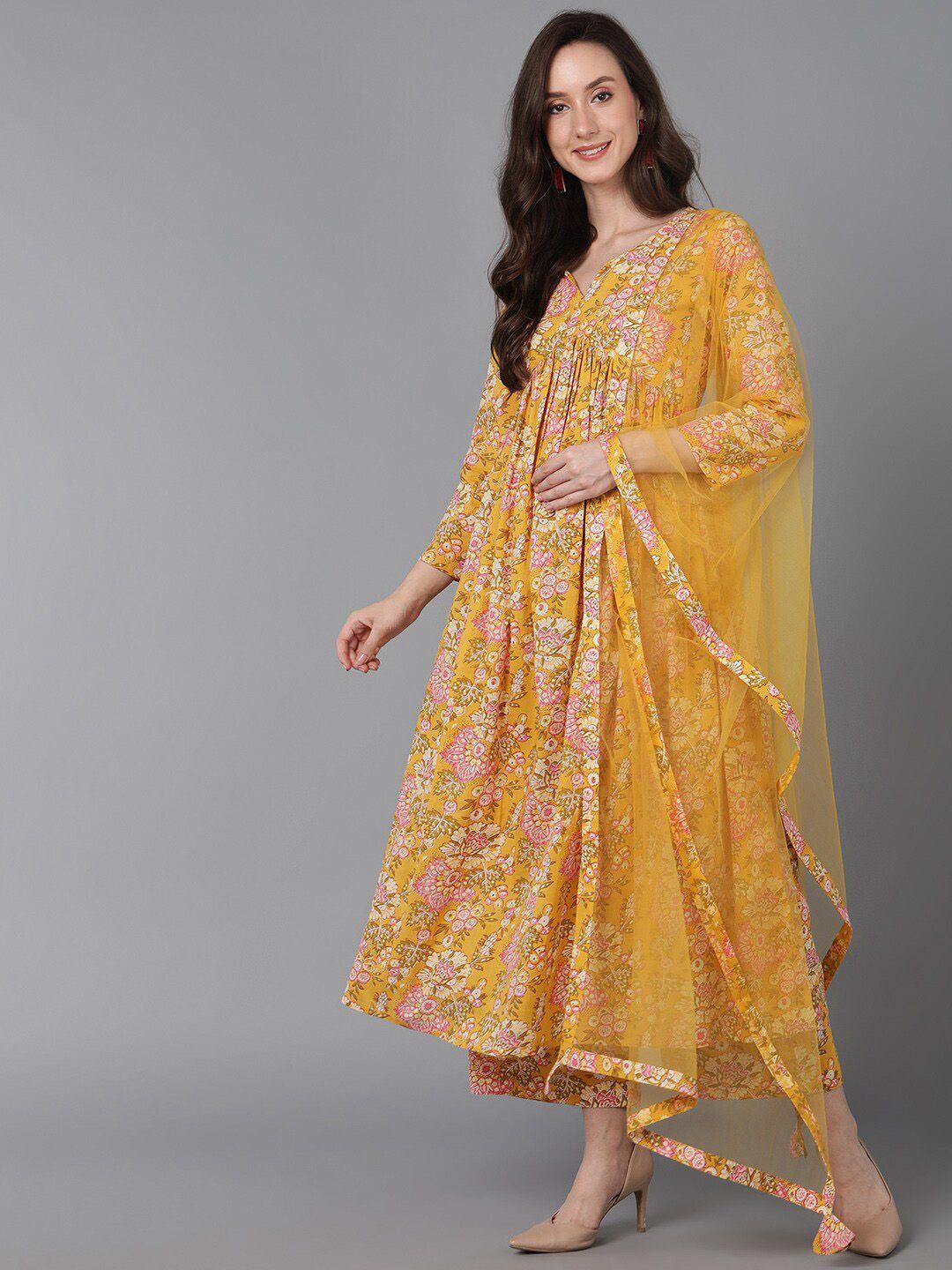 ahika women yellow floral printed kurta with palazzos & dupatta