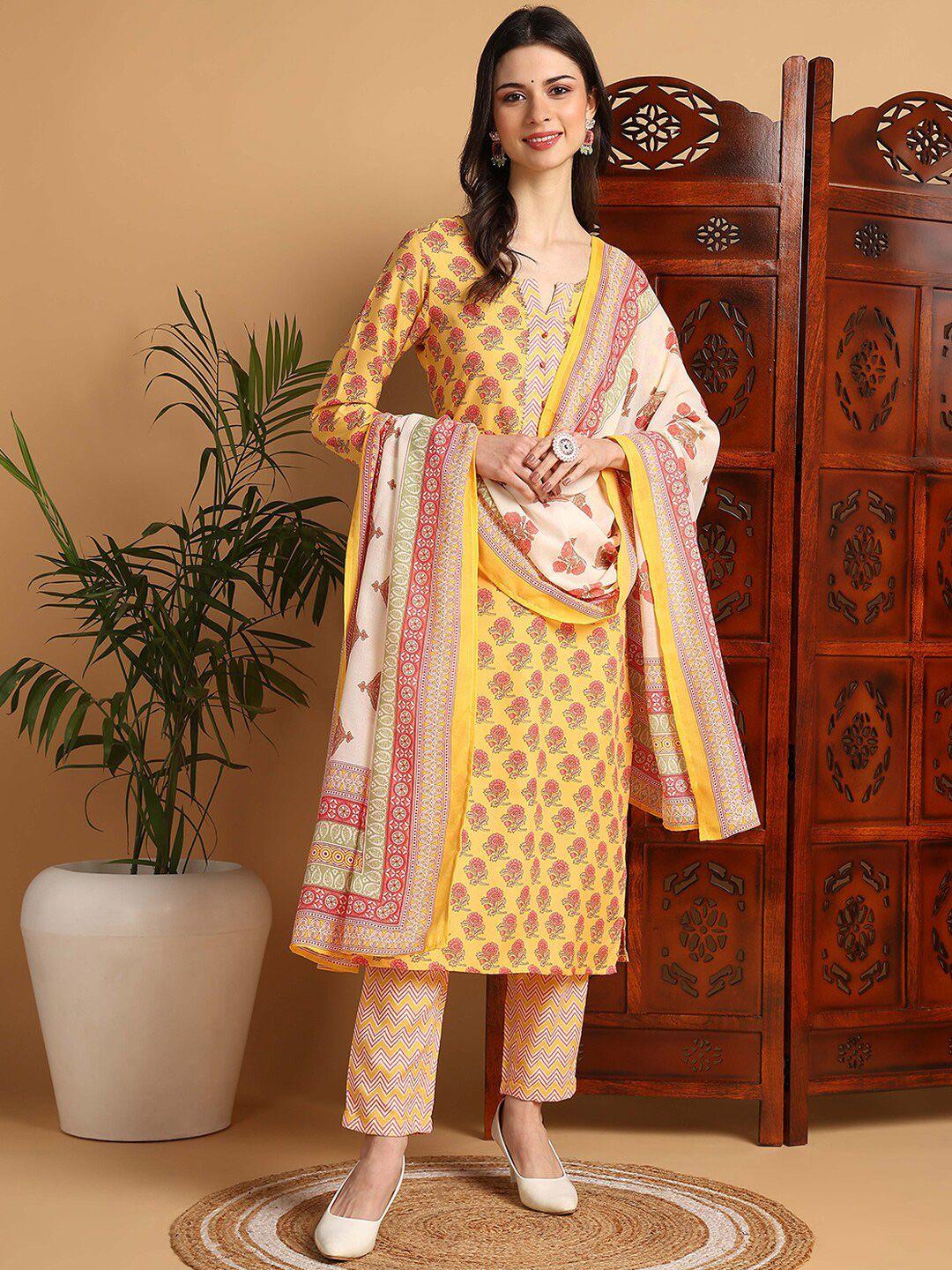 ahika women yellow floral printed regular pure cotton kurta with trousers & with dupatta