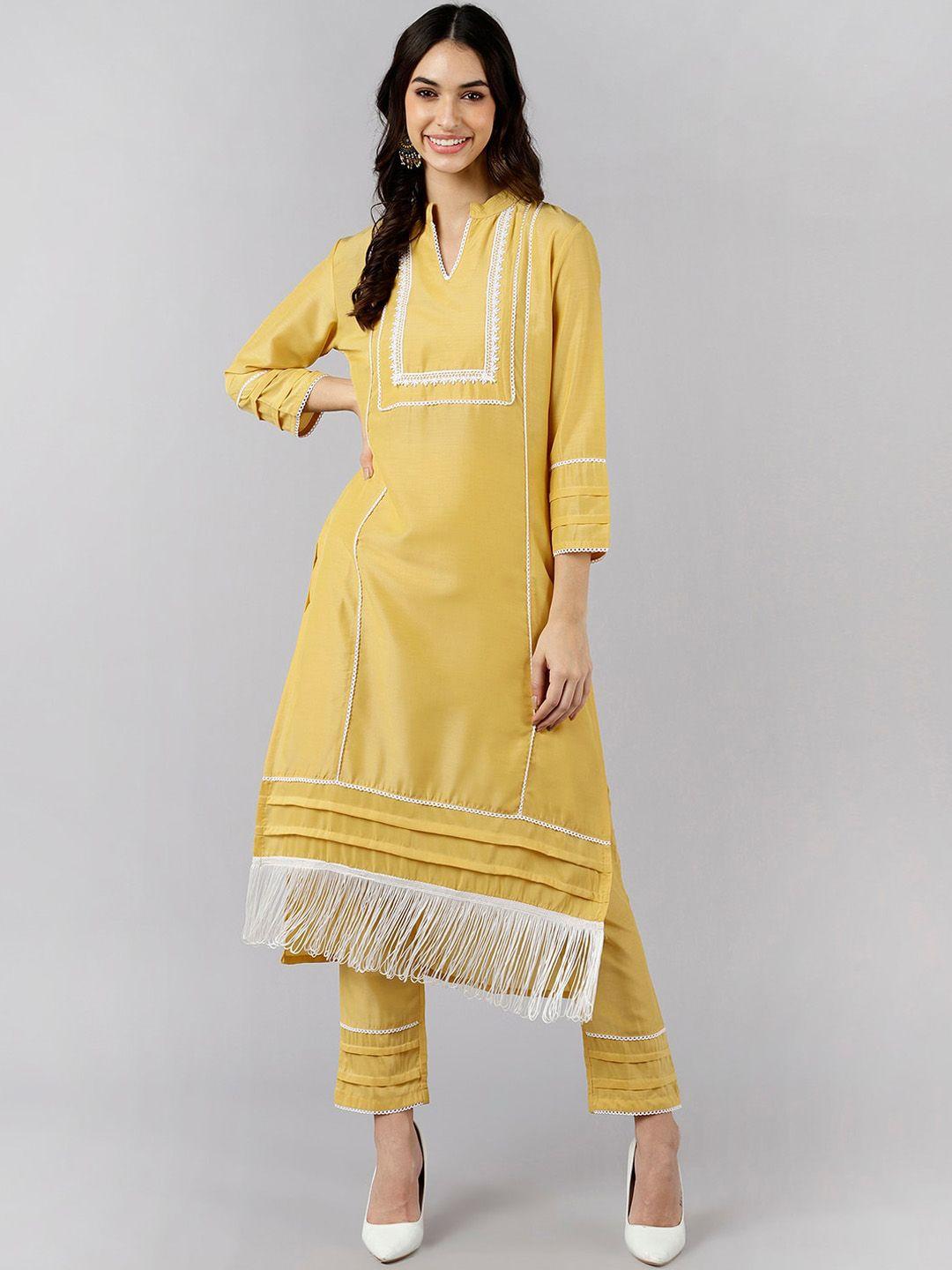 ahika women yellow gotta patti kurti with trousers