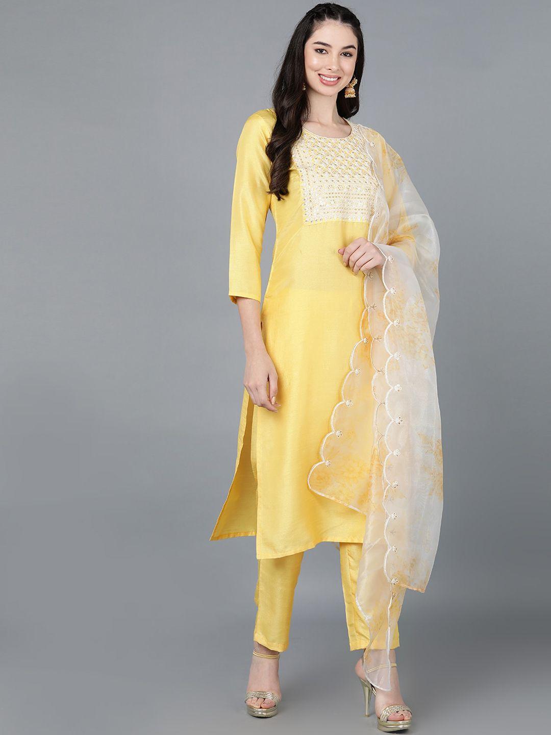 ahika women yellow yoke design kurti with trousers & with dupatta