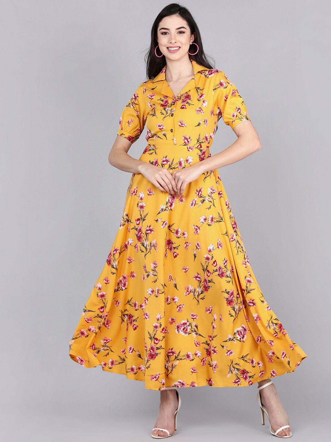 ahika yellow & pink floral georgette maxi dress
