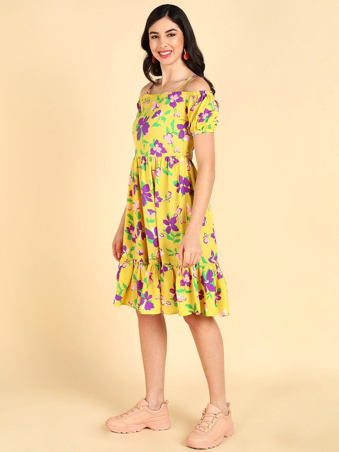 ahika yellow & purple floral fit & flare georgette dress