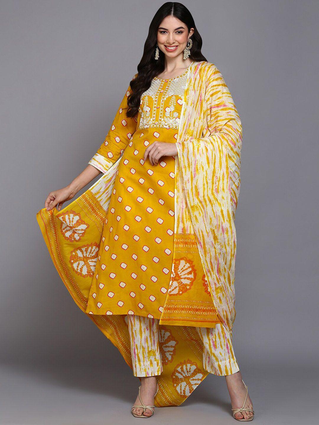 ahika yellow bandhani printed thread work pure cotton kurta with trousers & dupatta