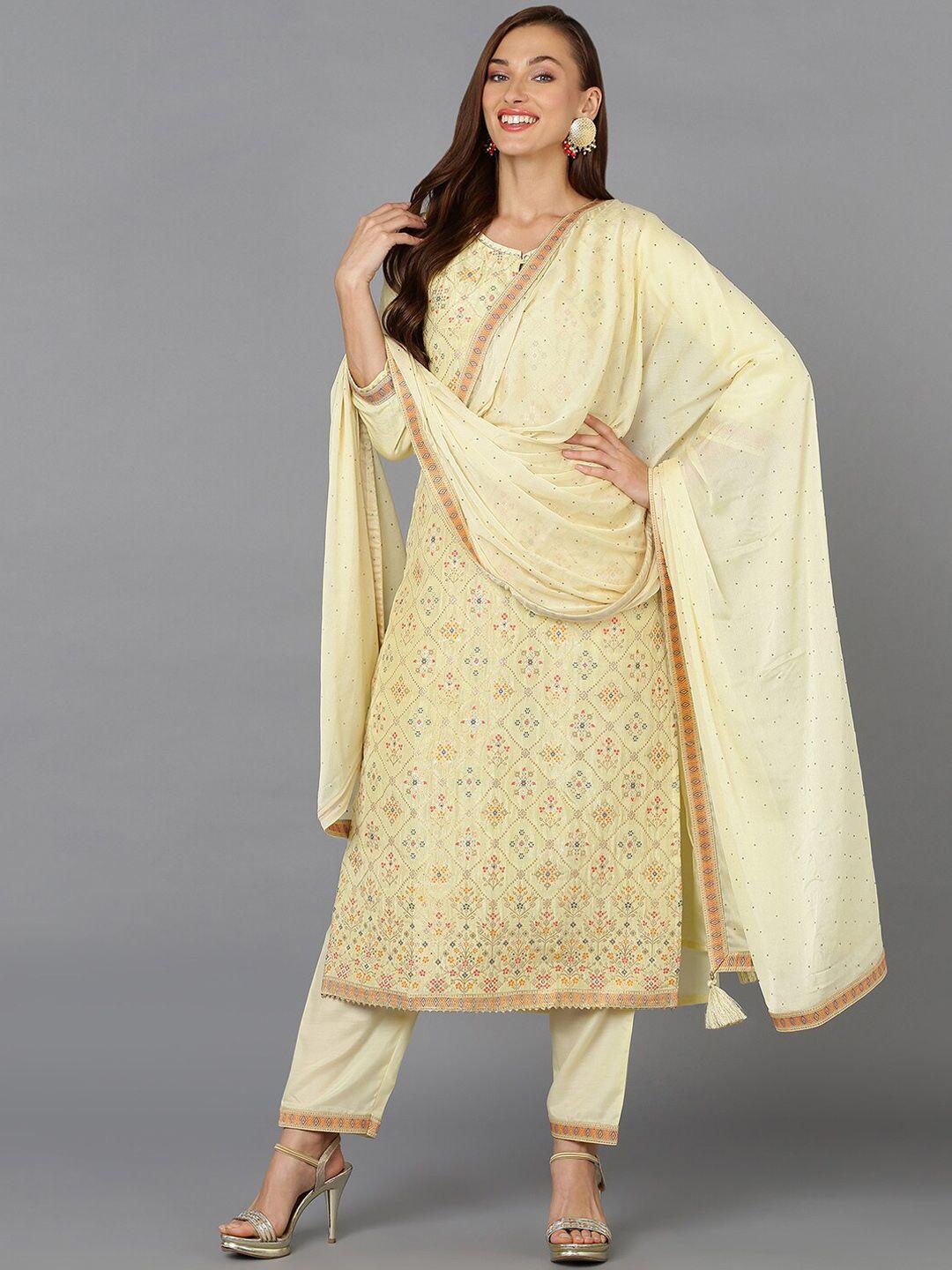 ahika yellow ethnic motifs printed gotta patti kurta with trousers & dupatta