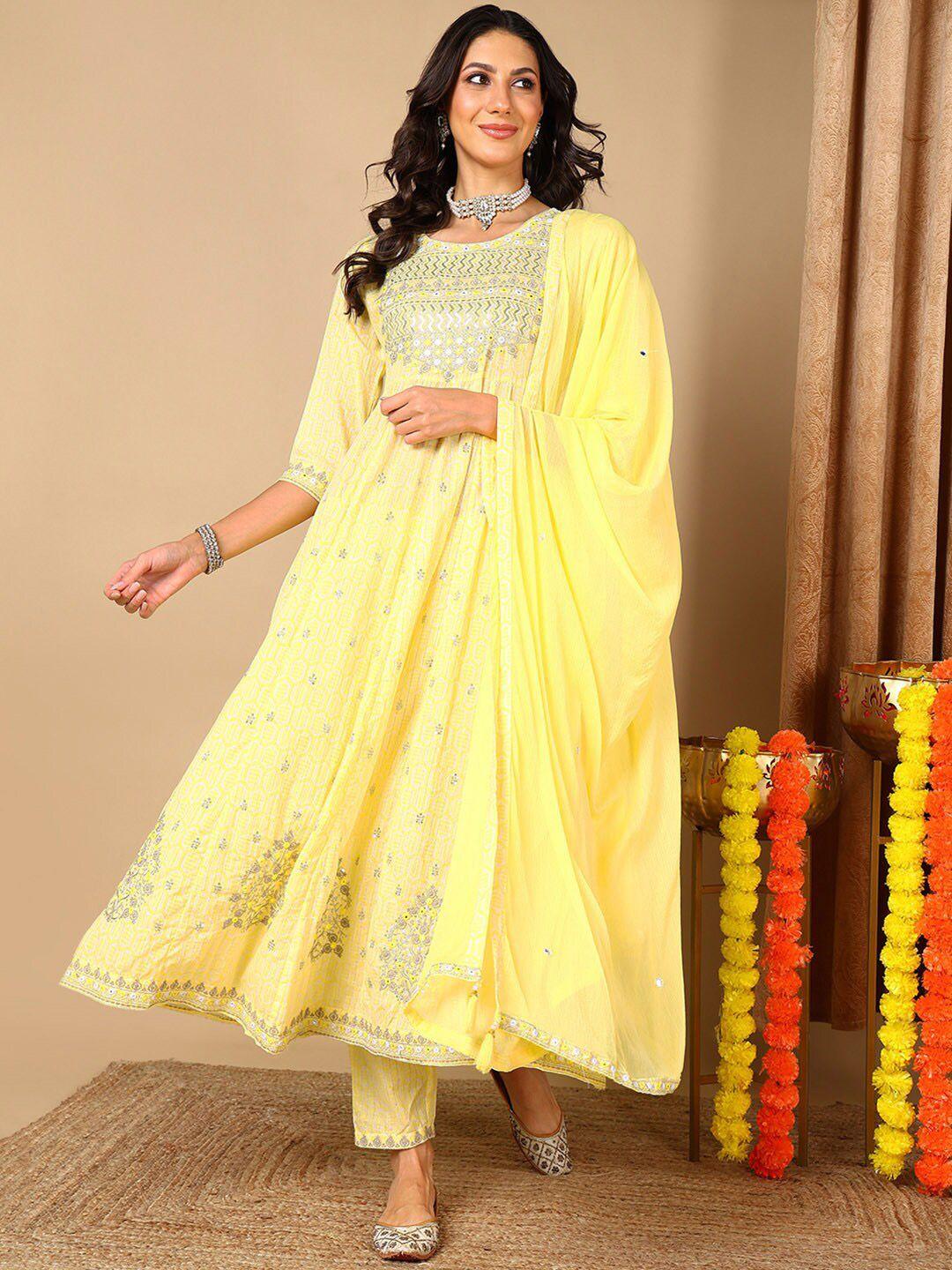 ahika yellow ethnic motifs printed pure cotton anarkali kurta & trousers with dupatta