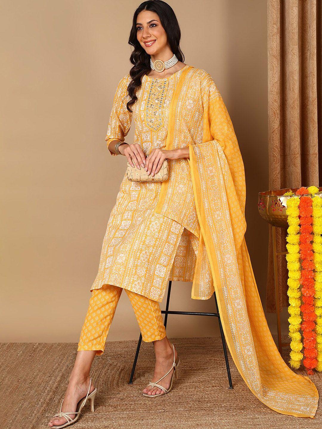 ahika yellow ethnic motifs printed pure cotton straight kurta & trousers with dupatta