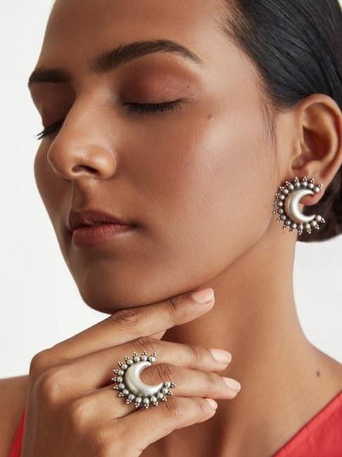 ahilya jewels 92.5 sterling silver chandbali silver earring & ring set for women