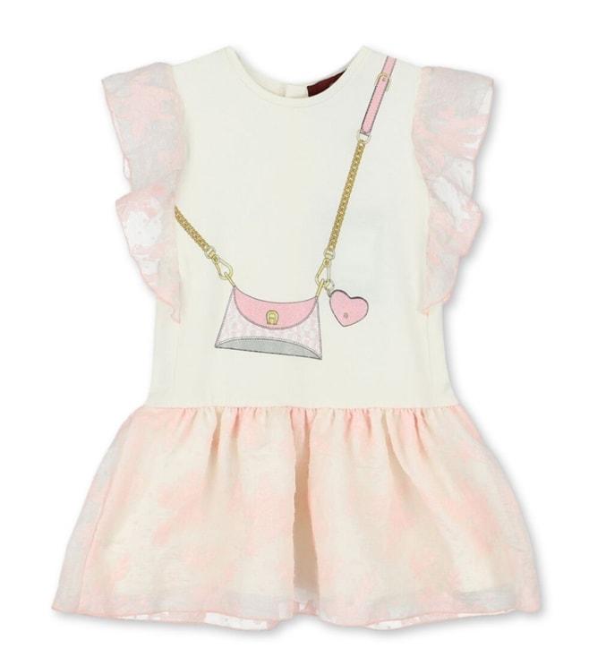 aigner kids white & pink bag print flared fit dress