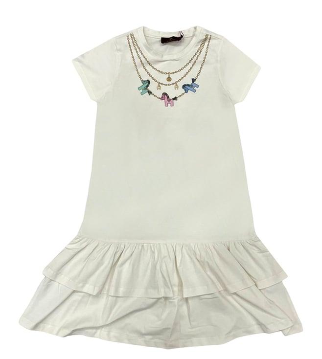 aigner kids ivory printed fitted fit ruffle dress