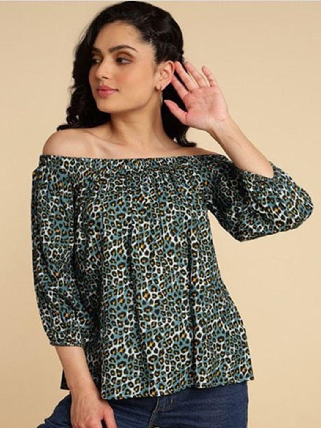 aila animal printed off-shoulder cuffed sleeves cotton top