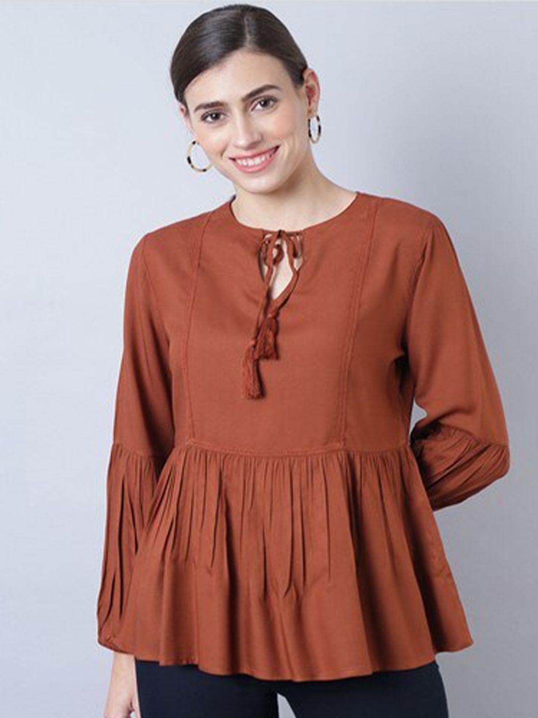 aila brown tie up neck puff sleeves pleated a-line top