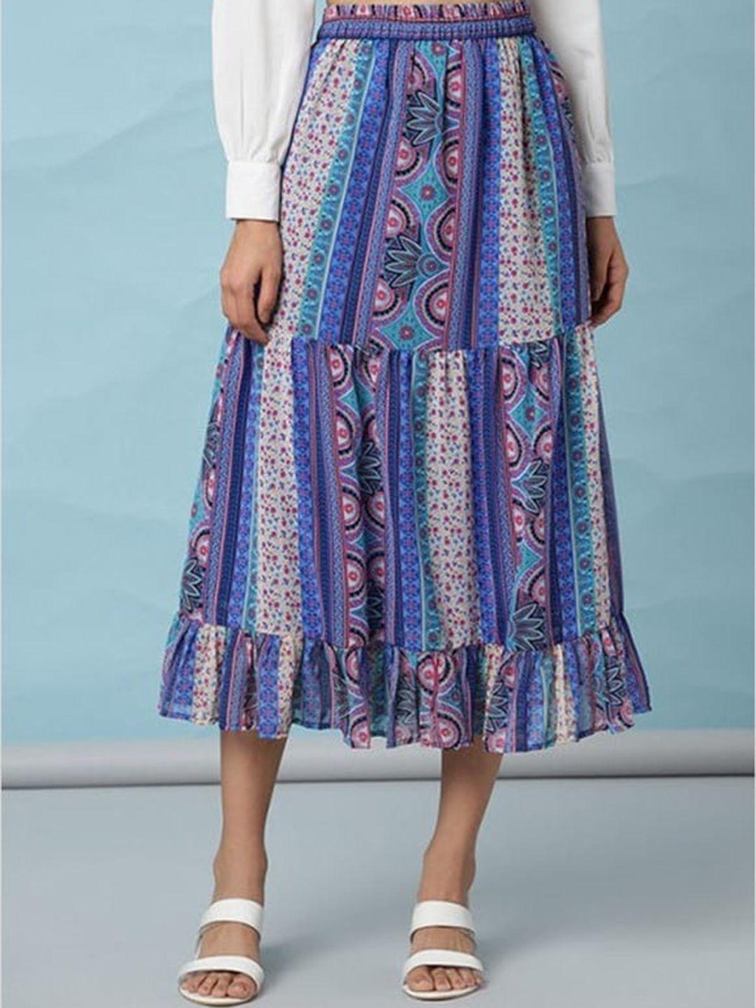 aila ethnic printed mid-rise gathered tiered midi skirt