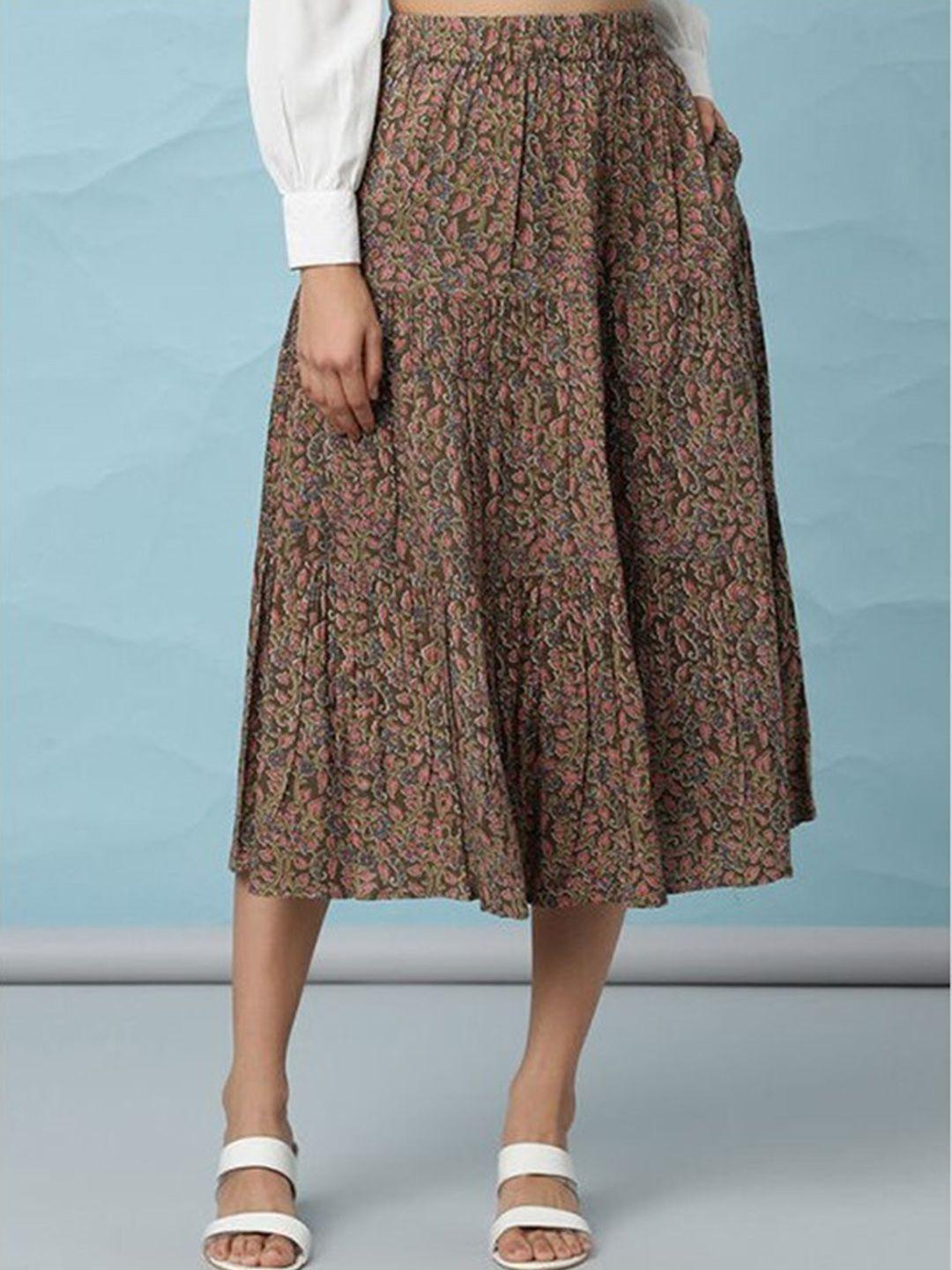 aila floral printed gathered detailed tiered midi skirt