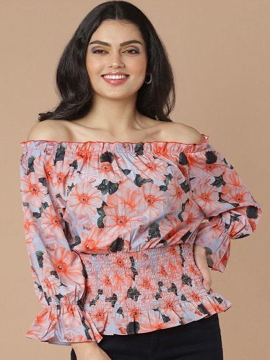 aila floral printed off-shoulder bell sleeves cotton bardot top