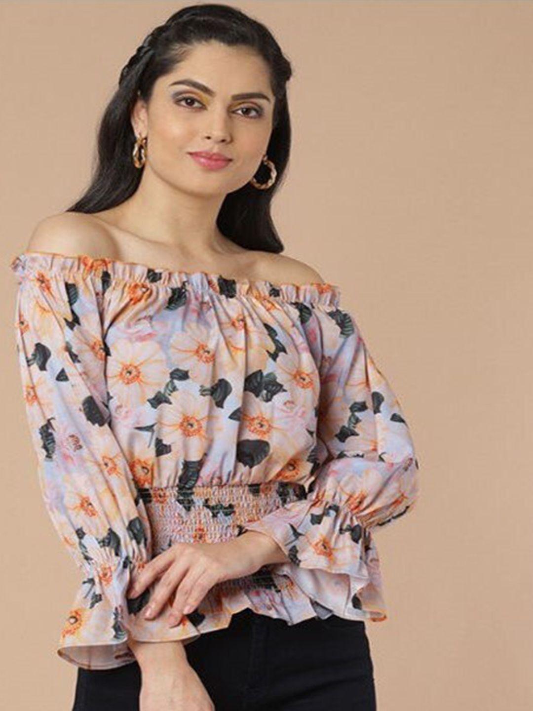 aila floral printed off-shoulder cotton bardot top