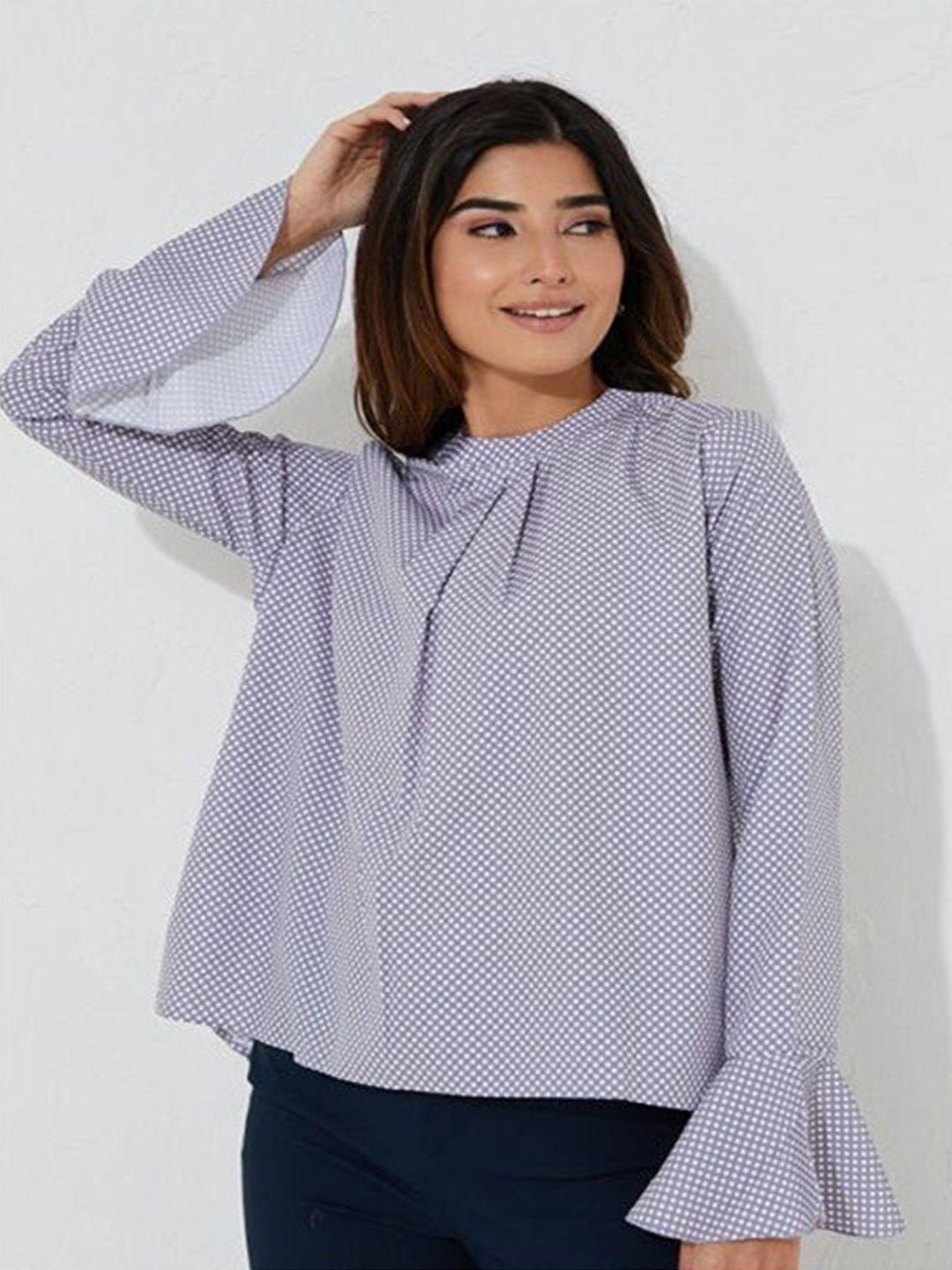 aila geometric printed high neck bell sleeves pleated detailed cotton top