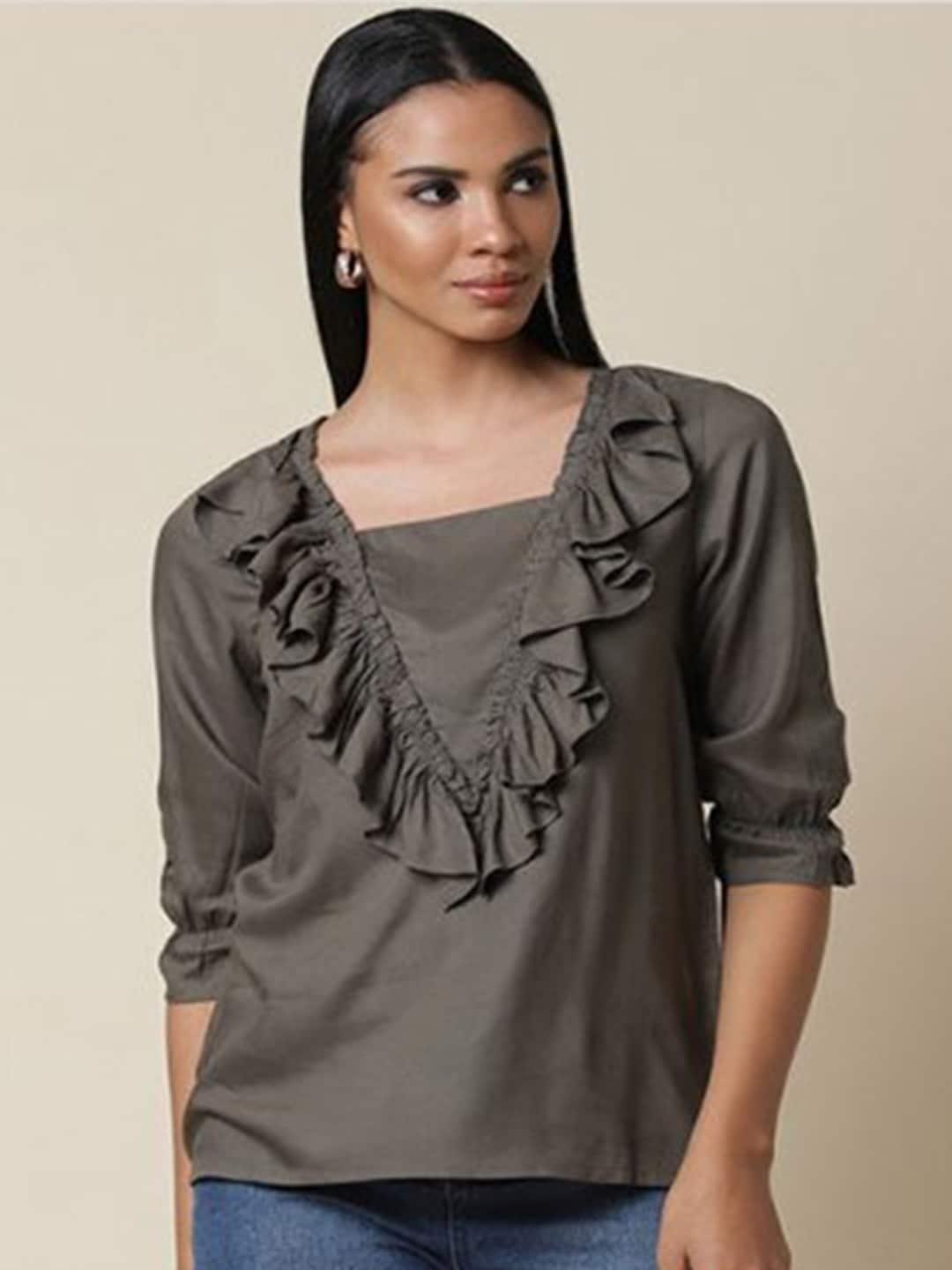 aila ruffled cuffed sleeves square neck top