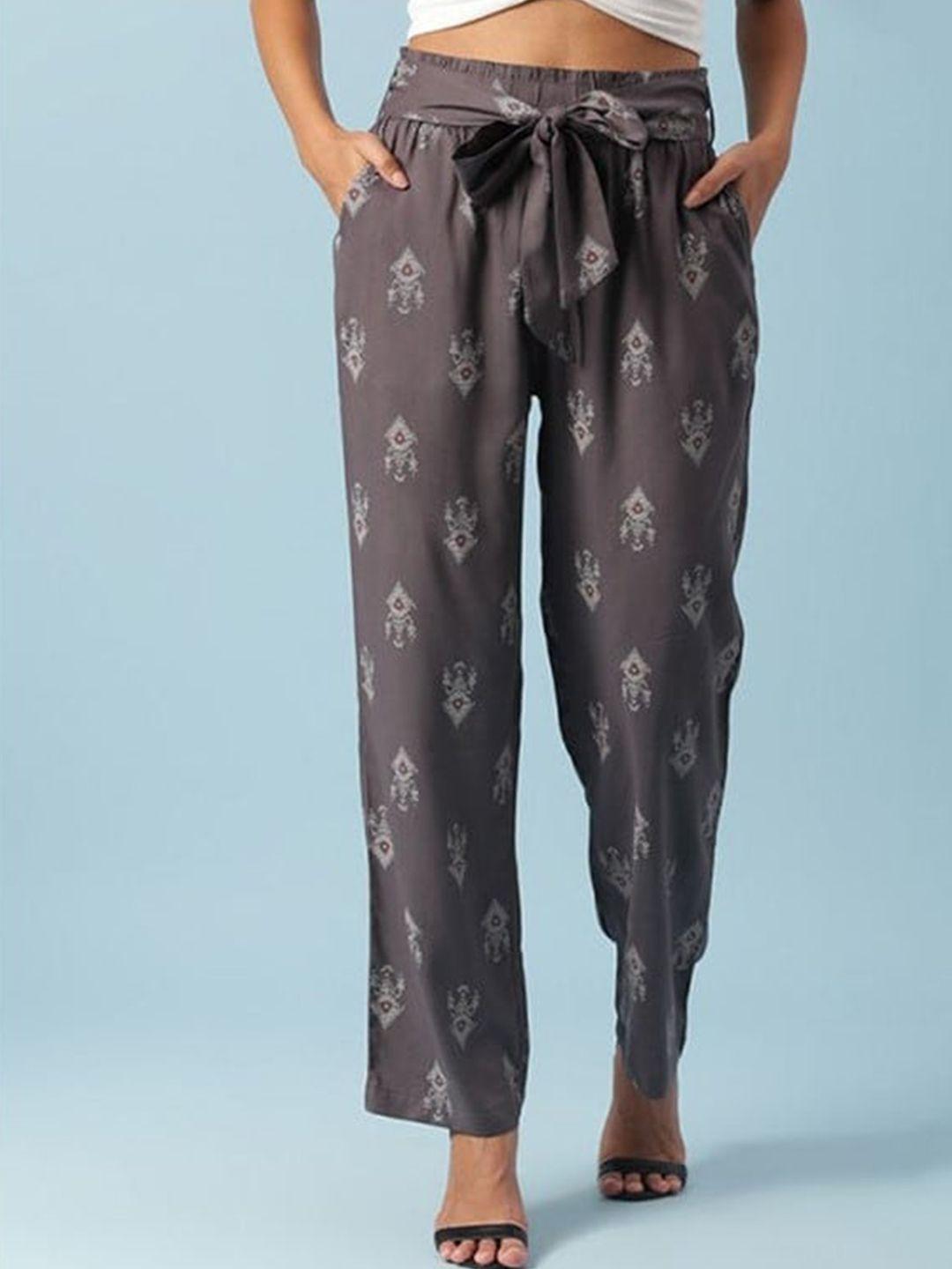 aila women ethnic motifs printed tie up parallel trouser