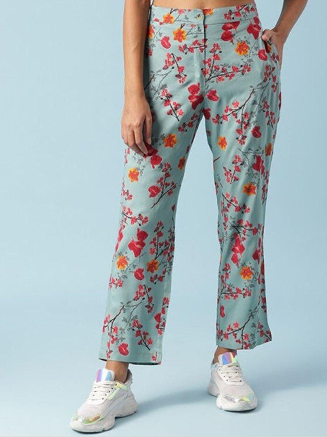 aila women floral printed mid rise loose fit trousers